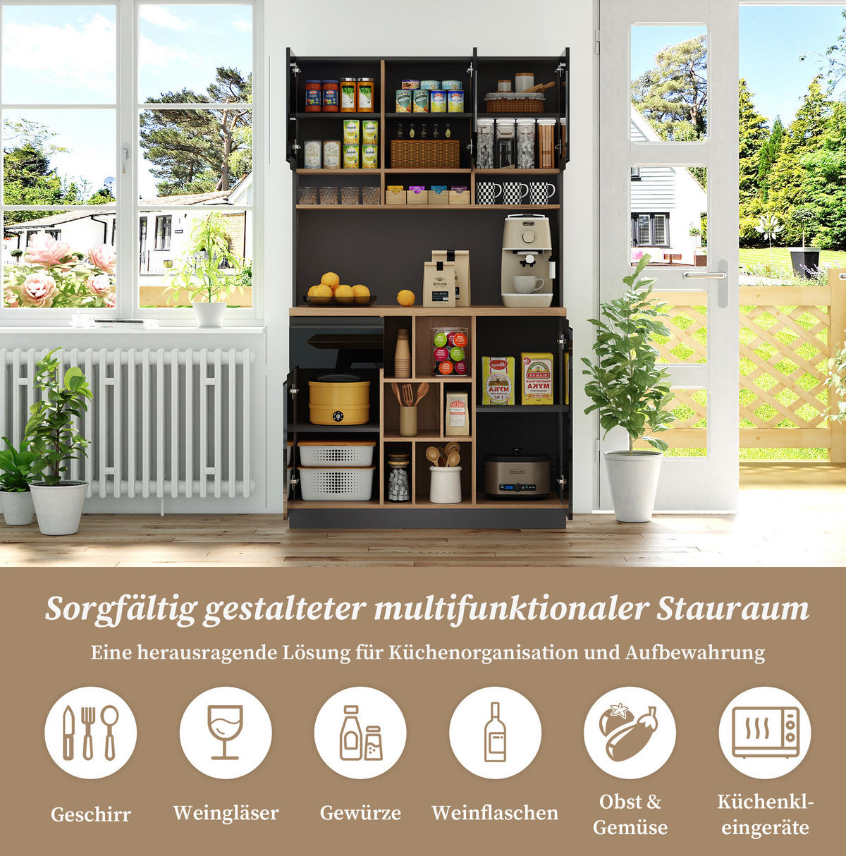 BUFFET 105/45/185 cm aus MDF mit Hochglanzfronten und offenem Stauraum Schwarz/Naturfarben - Schwarz, Holzwerkstoff (105/185/45cm) - Modenvie