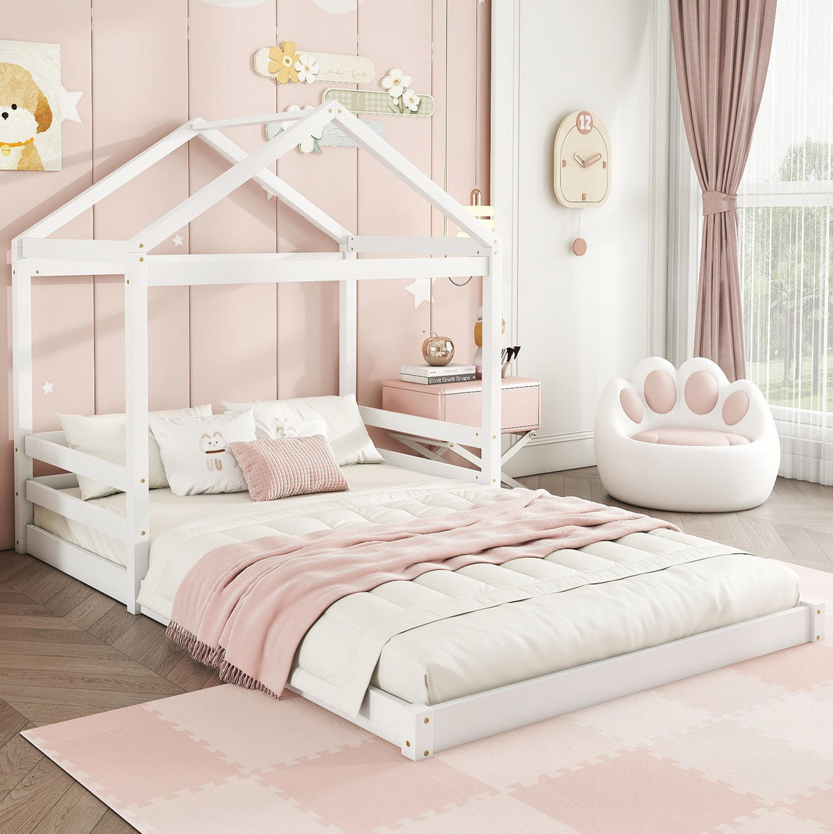 HAUSBETT aus Kiefernholz und MDF 140x200 cm Weiß mit Lattenrost - Weiß, Holzwerkstoff (140/200cm) - IVMEU
