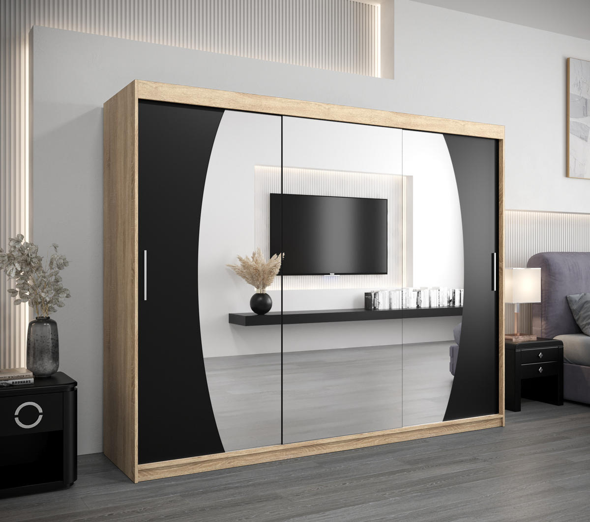 SCHWEBETÜRENSCHRANK 200/250/62 3-türig - Silberfarben/Schwarz, Holz/Kunststoff (250/200/62cm) - Abiks Möbel