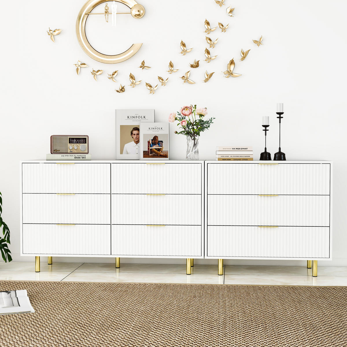 SIDEBOARD aus MDF 200x40x72 cm Weiß mit 9 Schubladen, modularer Aufstellung und goldfarbenen Metallbeinen - Weiß, Holzwerkstoff (200/72/40cm) - Modfu