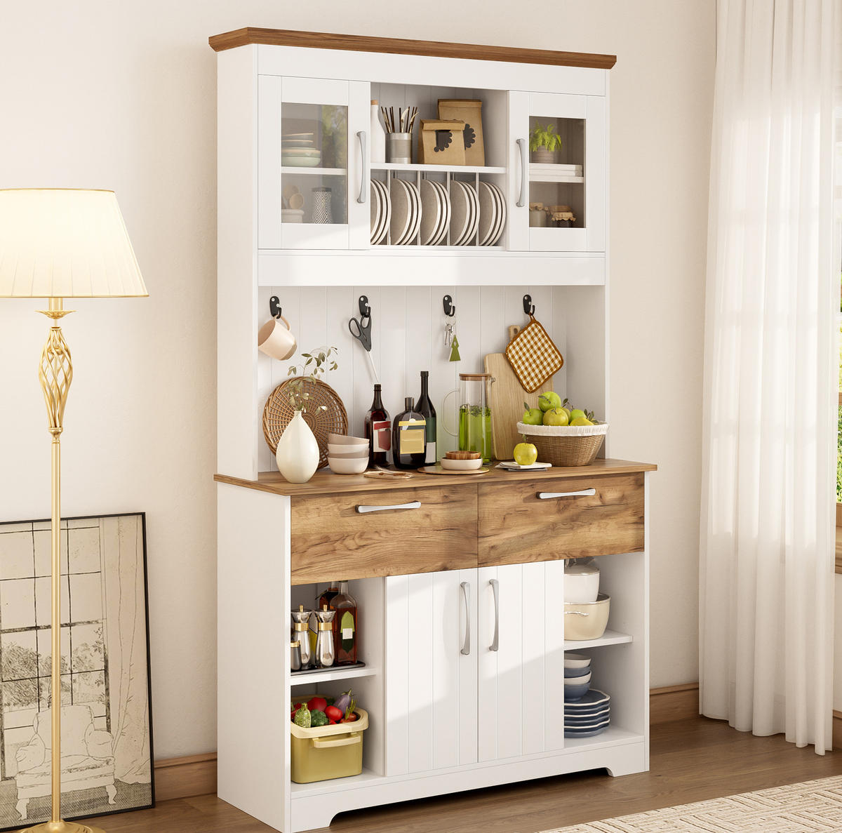 BUFFET aus Spanplatte 106x39x176,5 cm Weiß/Natur mit Vitrinenfächern, 2 Schubladen und Hakenleiste - Naturfarben, Holzwerkstoff (106/176.5/39cm) - Modfu