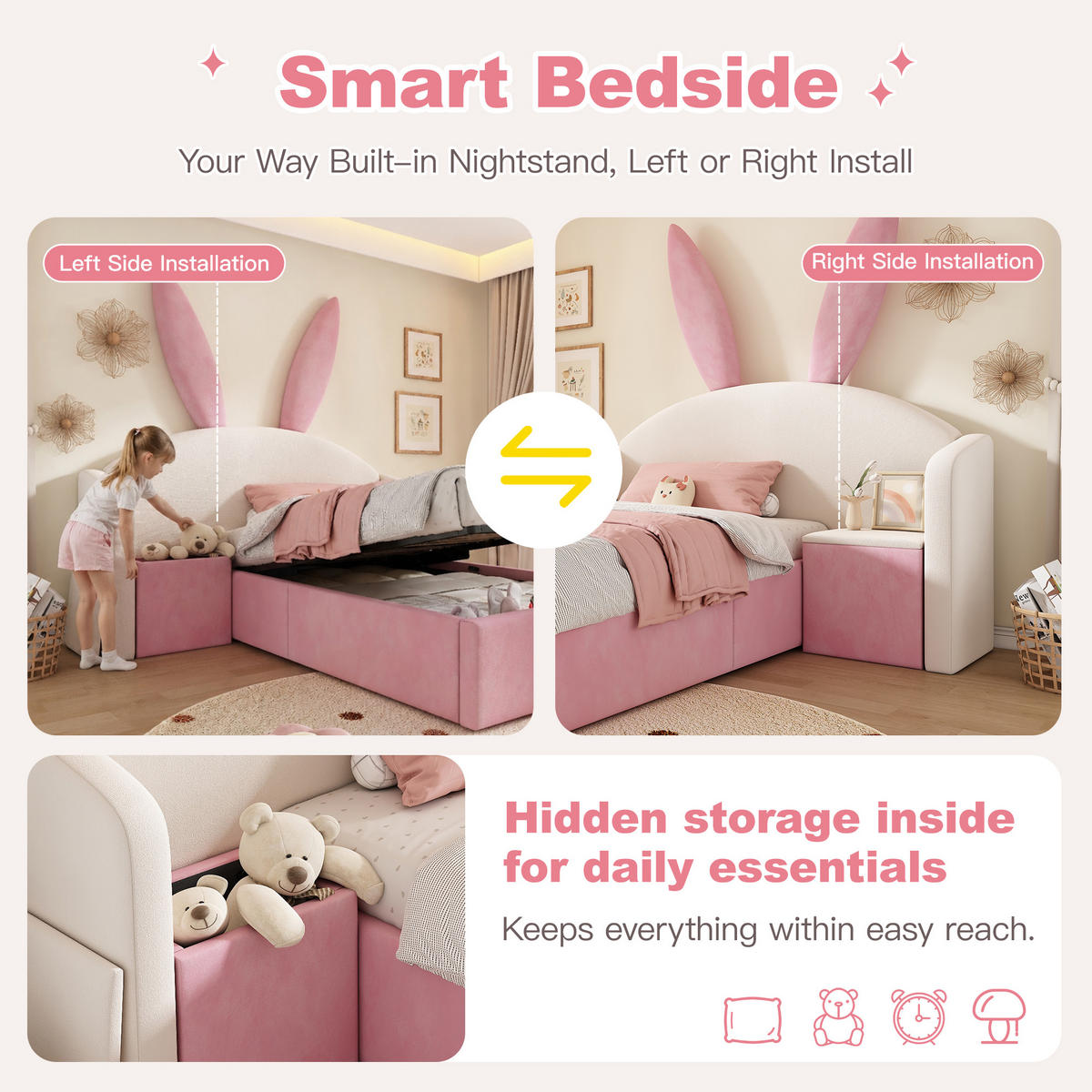 KINDERBETT 90/200 cm DE-32483 mit Stauraum und Nachttisch Beige/Rosa - Beige/Rosa, Metall (90/200cm) - ComfortXL