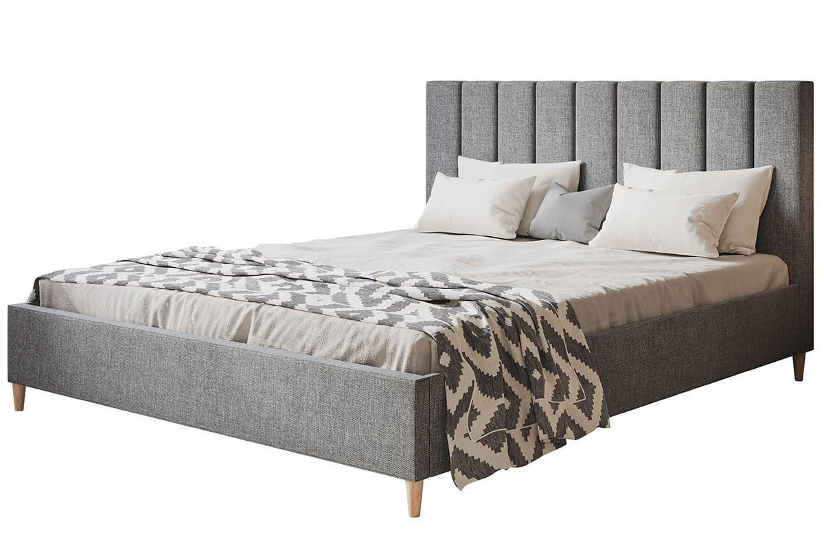 POLSTERBETT LUX Tokio mit Kopfteil, 140 x 200 cm, Doppelbett mit Lattenrost aus Holz, Strukturstoff Grau, Füße in Farbe: Braun - Grau, Holz/Textil (140/200cm) - Alpi-Möbel