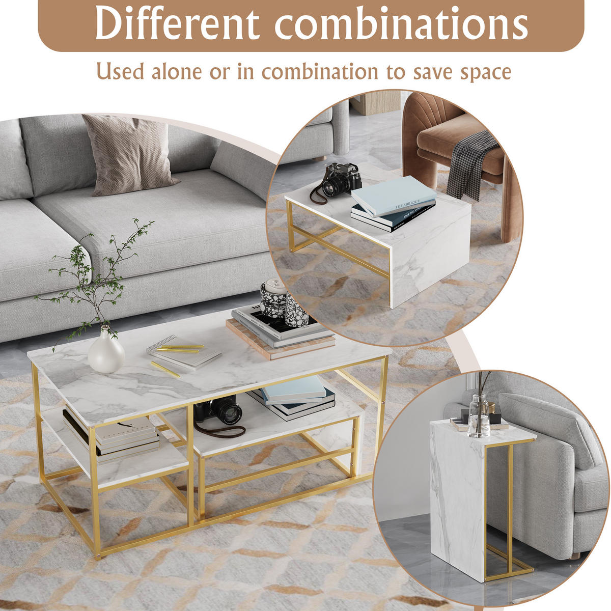 2ER SET COUCHTISCH Marmor Weiß/Goldfarben - Goldfarben, Metall (105/52/48.5cm)