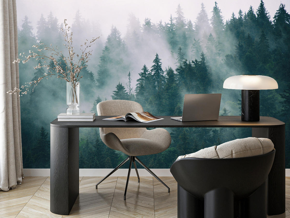 FOTOTAPETE Wald im Nebel Landschaft Natur 3D 400x280 - Türkis/Grau, Papier (400/280cm) - Muralo