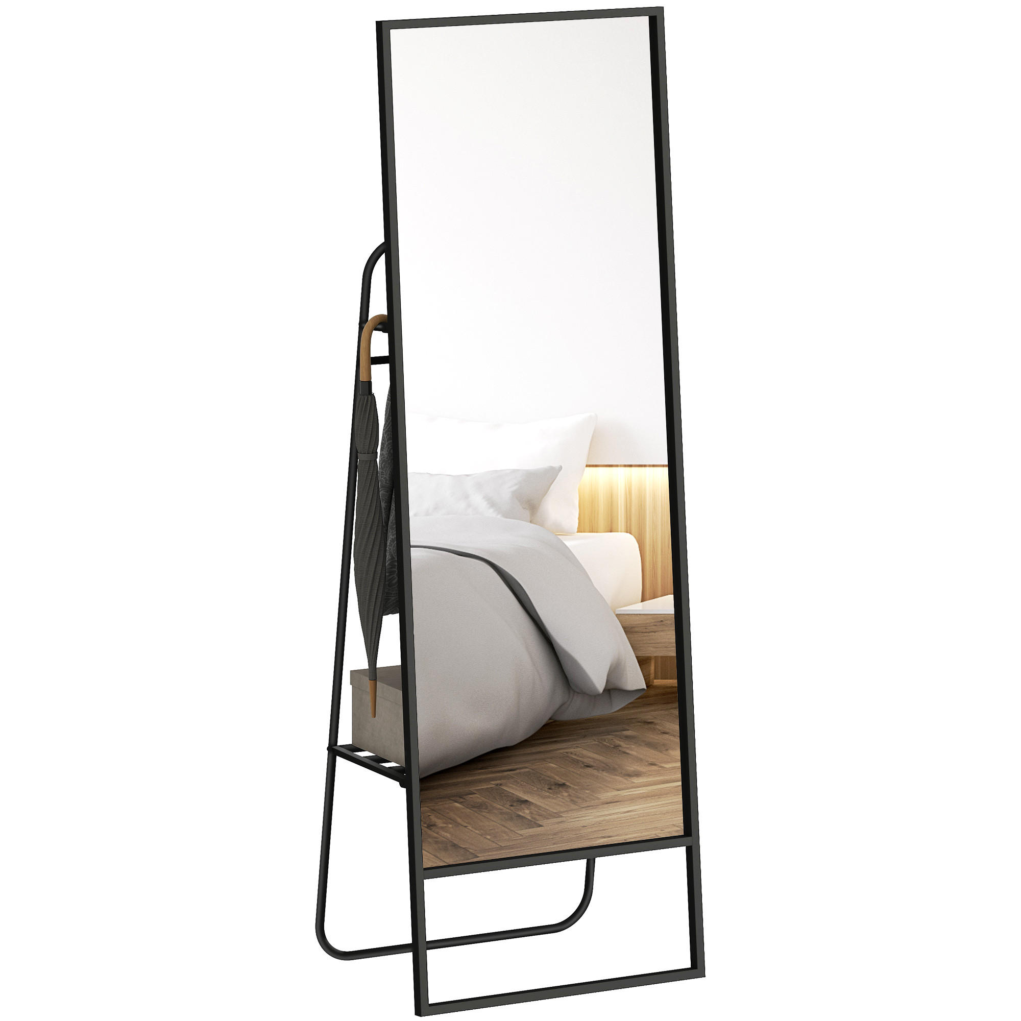 GANZKÖRPERSPIEGEL 157 x 50 cm Rechteckiger Standspiegel mit Regal, Schwarz - Schwarz, Metall (50/157/38cm) - HOMCOM