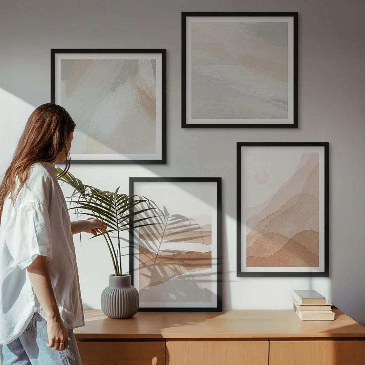 BILDER SET 4er Set - 50x50 cm & 40x60 cm Schwarzer Rahmen - Abstrakte braune Landschaften - Schwarz, Kunststoff (50/50cm) - TULUP