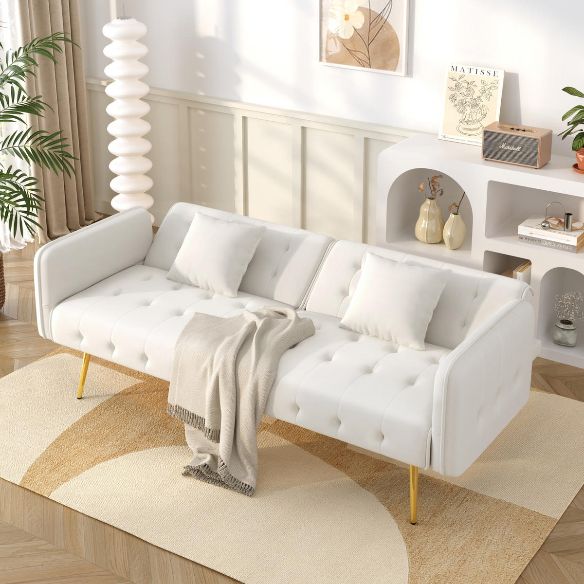 SCHLAFSOFA 2-Sitzer mit Veloursbezug und Armlehnen - Creme, Kunststoff (178/70/82cm)