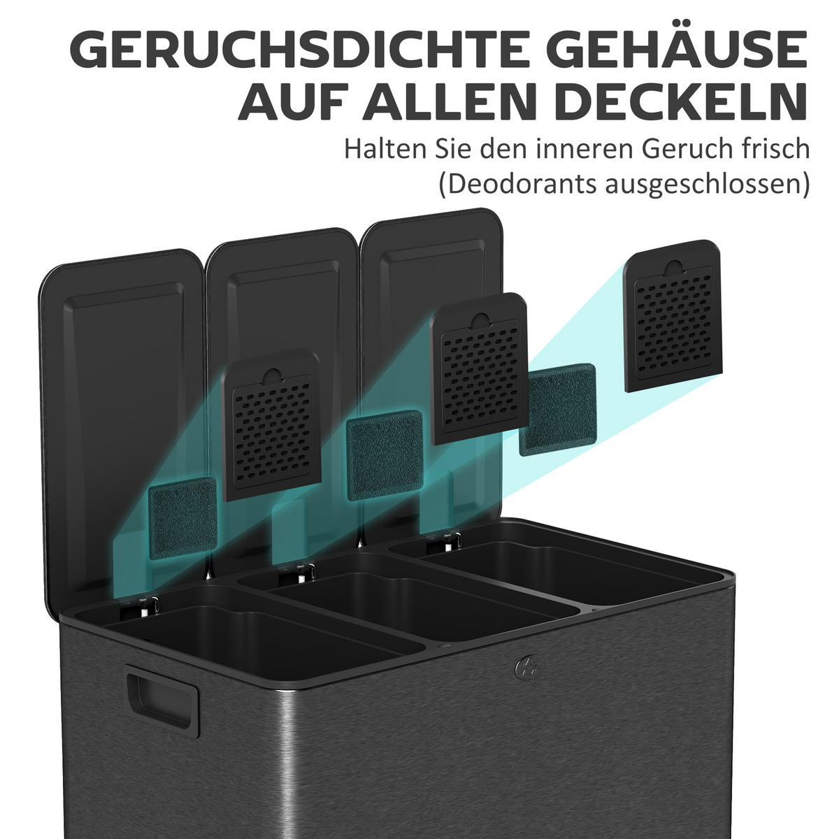MÜLLEIMER 3x20L Abfalleimer aus Edelstahl mit Softclose Deckel Deodorant-Fächern - Schwarz, Metall (36.6/56.7/61.9cm) - HOMCOM