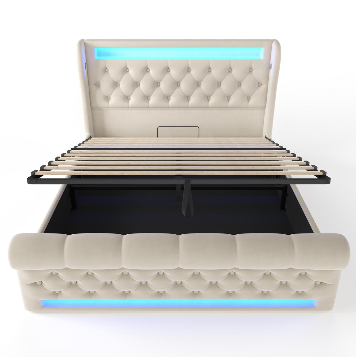 ČALOUNĚNÁ postel 140/190 cm béžová ze sametu, dřeva a kovu s LED osvětlením, USB a úložným prostorem - béžová, textil (140/190cm) - OKWISH