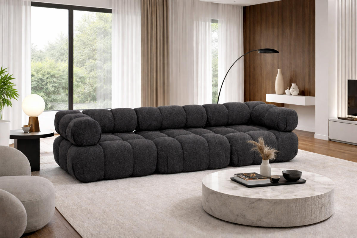 COUCH, 3-Sitzer Modular, Bouclé-Stoff Abriamo, Graphit, Selia - Graphitfarben, Holz (285/70/95cm) - Kaiser Möbel