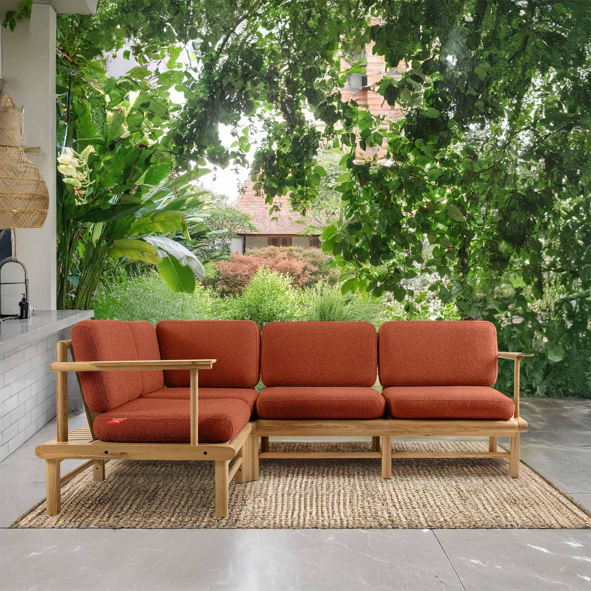 LOUNGESOFA ATREDA links - Orange, Holz/Textil (230/74/160cm) - KONSIMO®