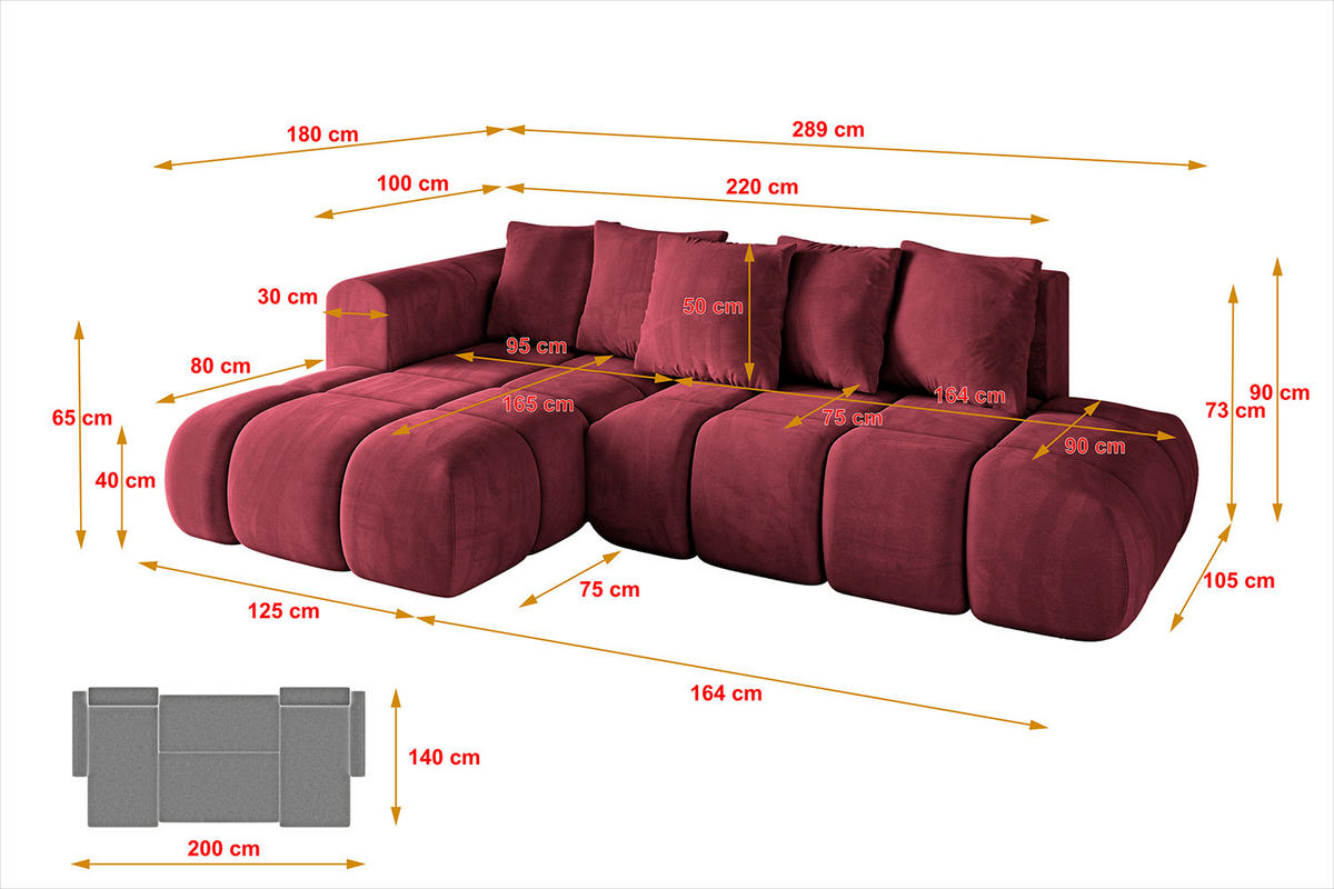 ECKSOFA Ottomane Links CLOUD-L-v1 289x180x40 Bordeaux Velours - Bordeaux, Holzwerkstoff/Kunststoff (180/289cm) - ALTDECOR