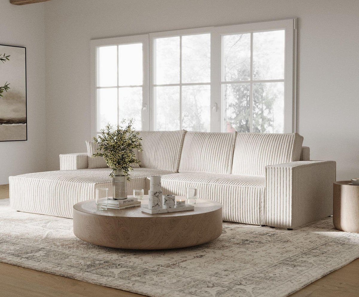 ECKSOFA Maze Creme Plüschstoff - Links Seite - Creme/Schwarz, Holz/Holzwerkstoff (185/294cm) - Maison de Reve