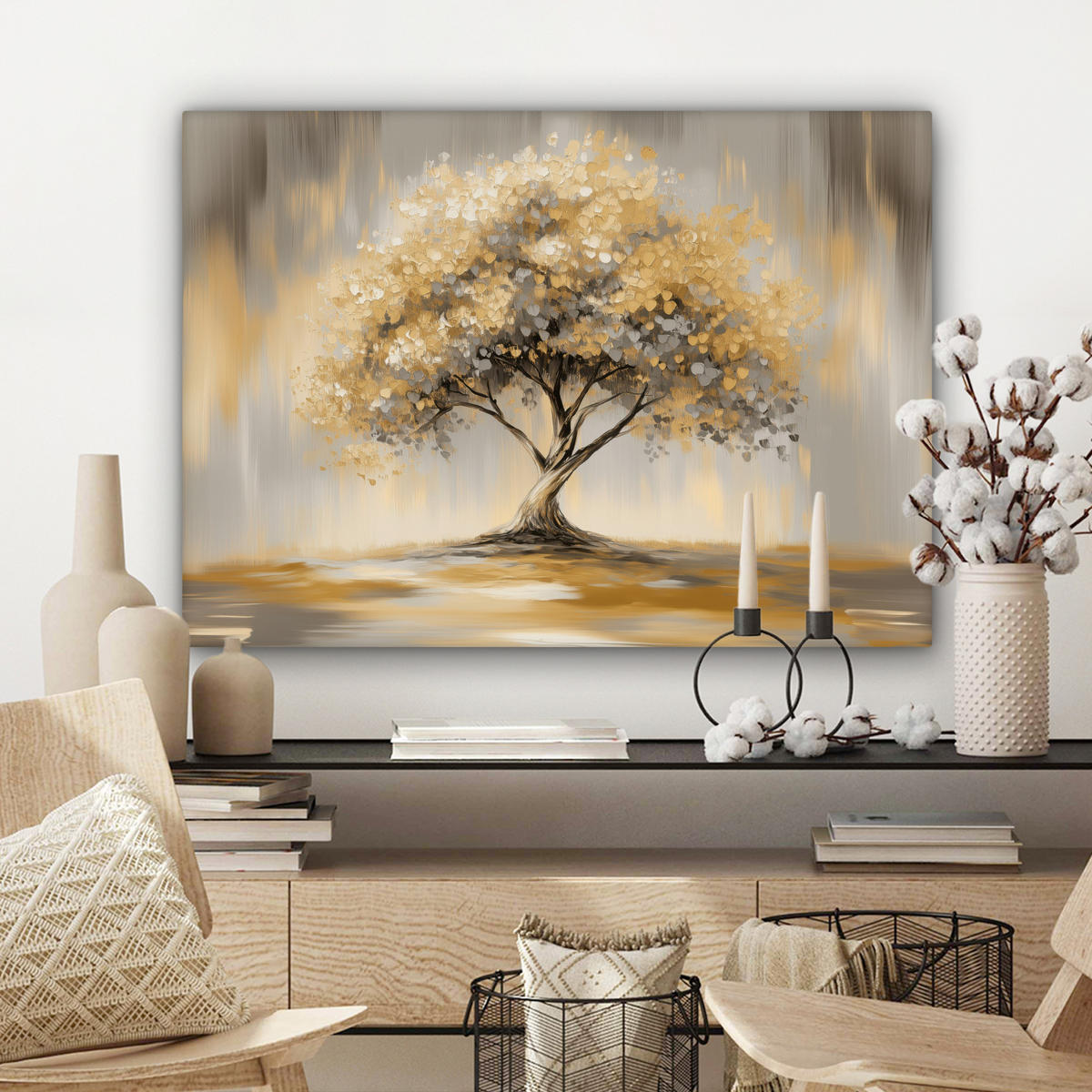 LEINWANDBILD Gemälde - Baum - Abstrakt - Blätter Wandbilder 80x60 cm - Beige, Textil (80/60cm) - MuchoWow