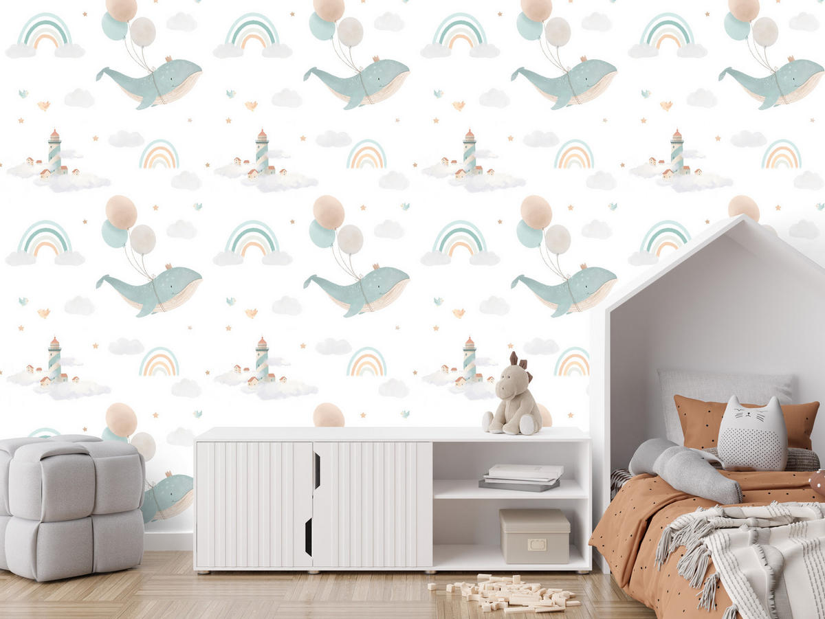 VLIESTAPETE Wale, Ballons und Regenbogen – Mint, Rosa, Weiß – 50x1000 cm - Rosa/Weiß, Papier (50/1000cm) - Muralo