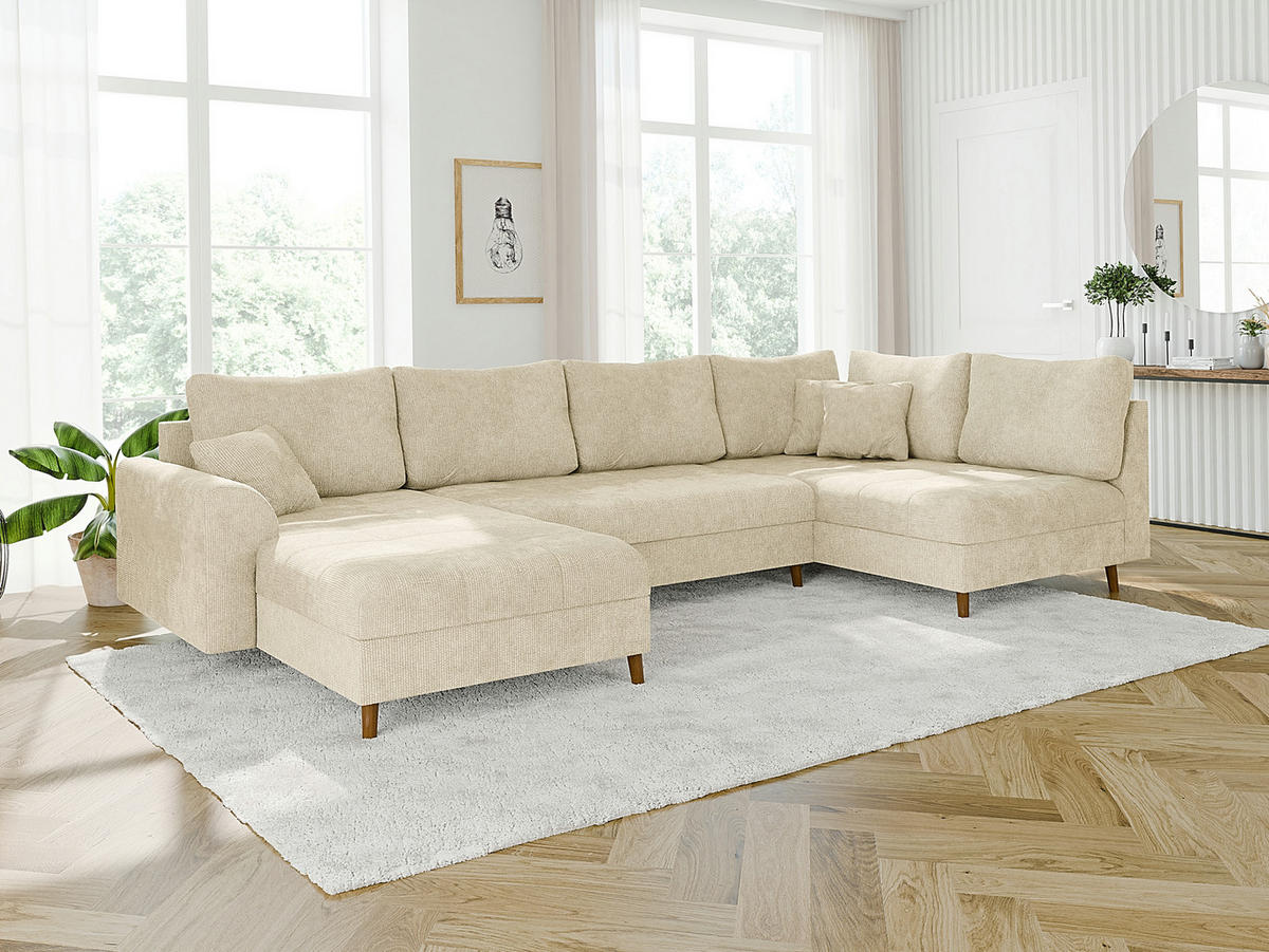 WOHNLANDSCHAFT inkl. Hocker Sigurd Beige Chenille - Beige/Braun, Holz/Textil (310/81/161cm) - S-Style Möbel