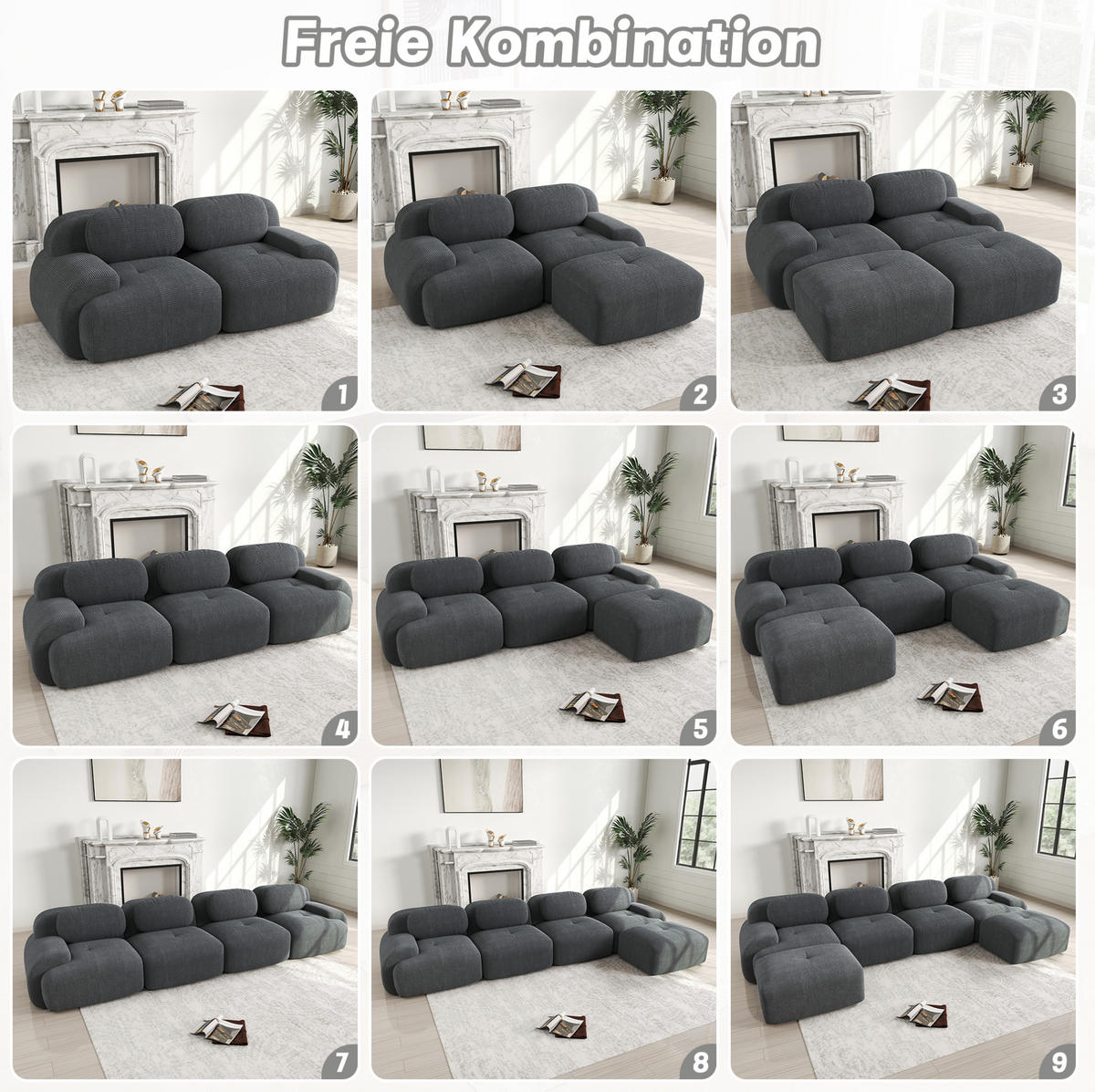 MODULÁRNÍ rohová pohovka z manšestru 208/178/70 cm bez rámu, s ergonomickými područkami a protiskluzovou základnou, Šedá - šedá, textil (208/75/178cm) - Redom