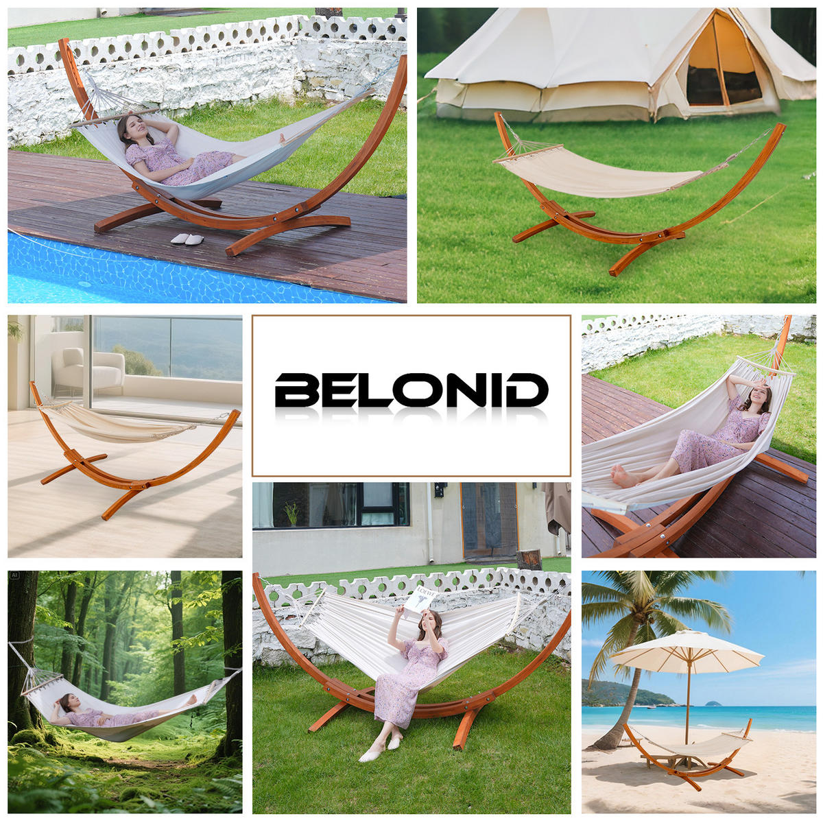 HÄNGEMATTE mit Gestell, 320x120x120 cm - Beige, Holz (120/120/320cm) - BELONID