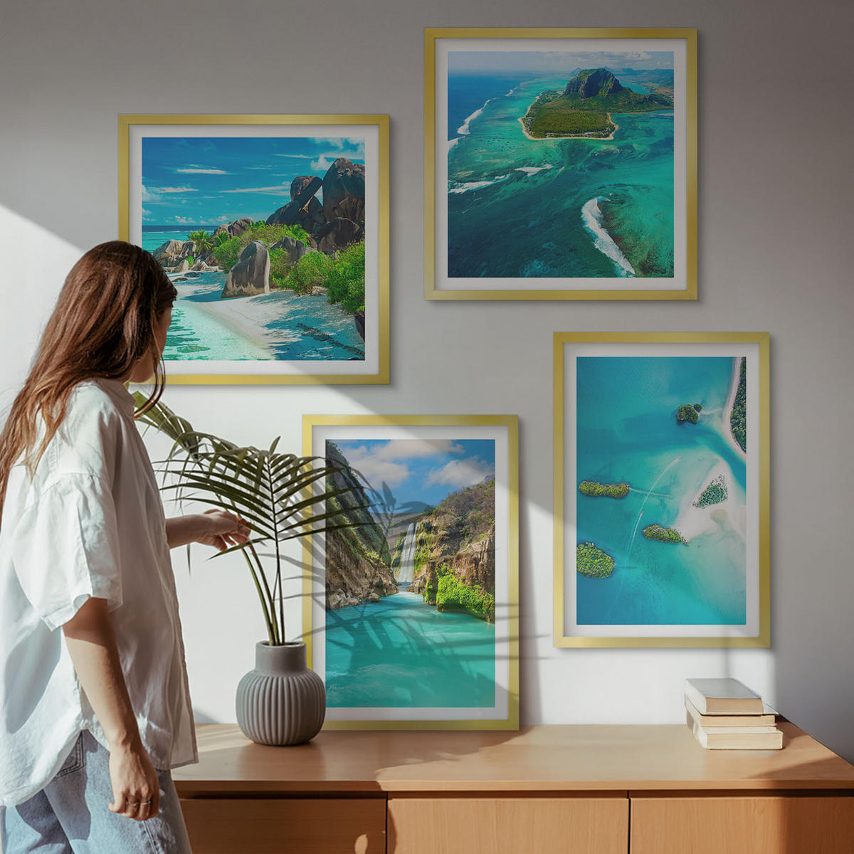 WANDBILDER 4er Set - 50x50 cm & 40x60 cm Goldrahmen - Tropische türkisfarbene Inseln - Goldfarben, Kunststoff (50/50cm) - ArtPrintCave