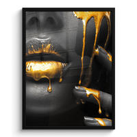 GERAHMTES BILD Frau - Schwarz - Gold - Gesicht - Lippen 60x80 cm - Goldfarben, Papier (60/80cm) - MuchoWow