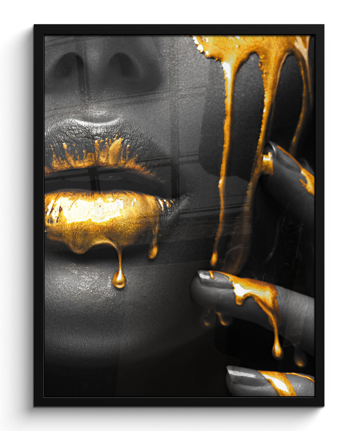 GERAHMTES BILD Frau - Schwarz - Gold - Gesicht - Lippen 60x80 cm - Goldfarben, Papier (60/80cm) - MuchoWow