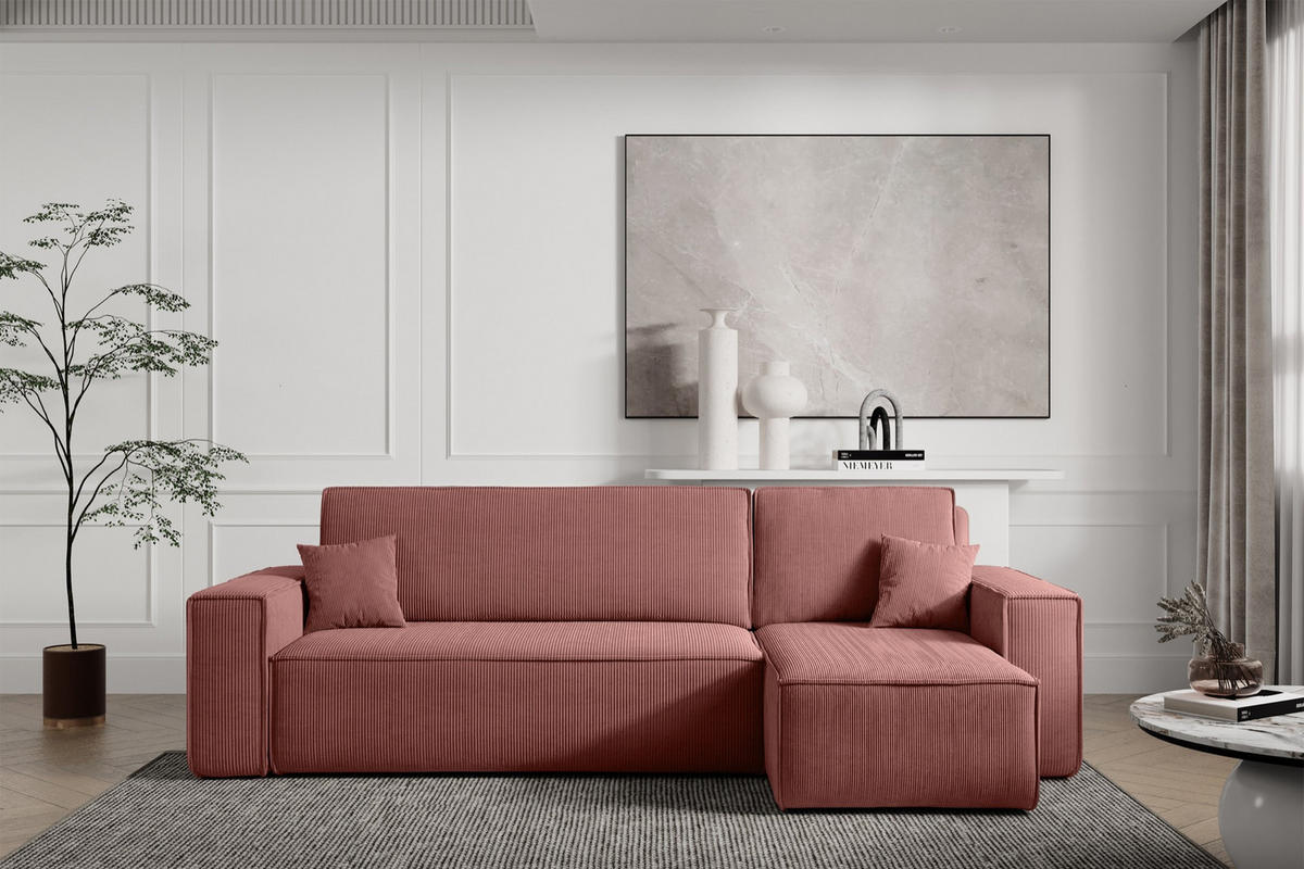 ECKSOFA Scarlo Dunkelrosa Cordbezug - Dunkelrosa/Schwarz, Kunststoff/Textil (244/145cm) - Selsey