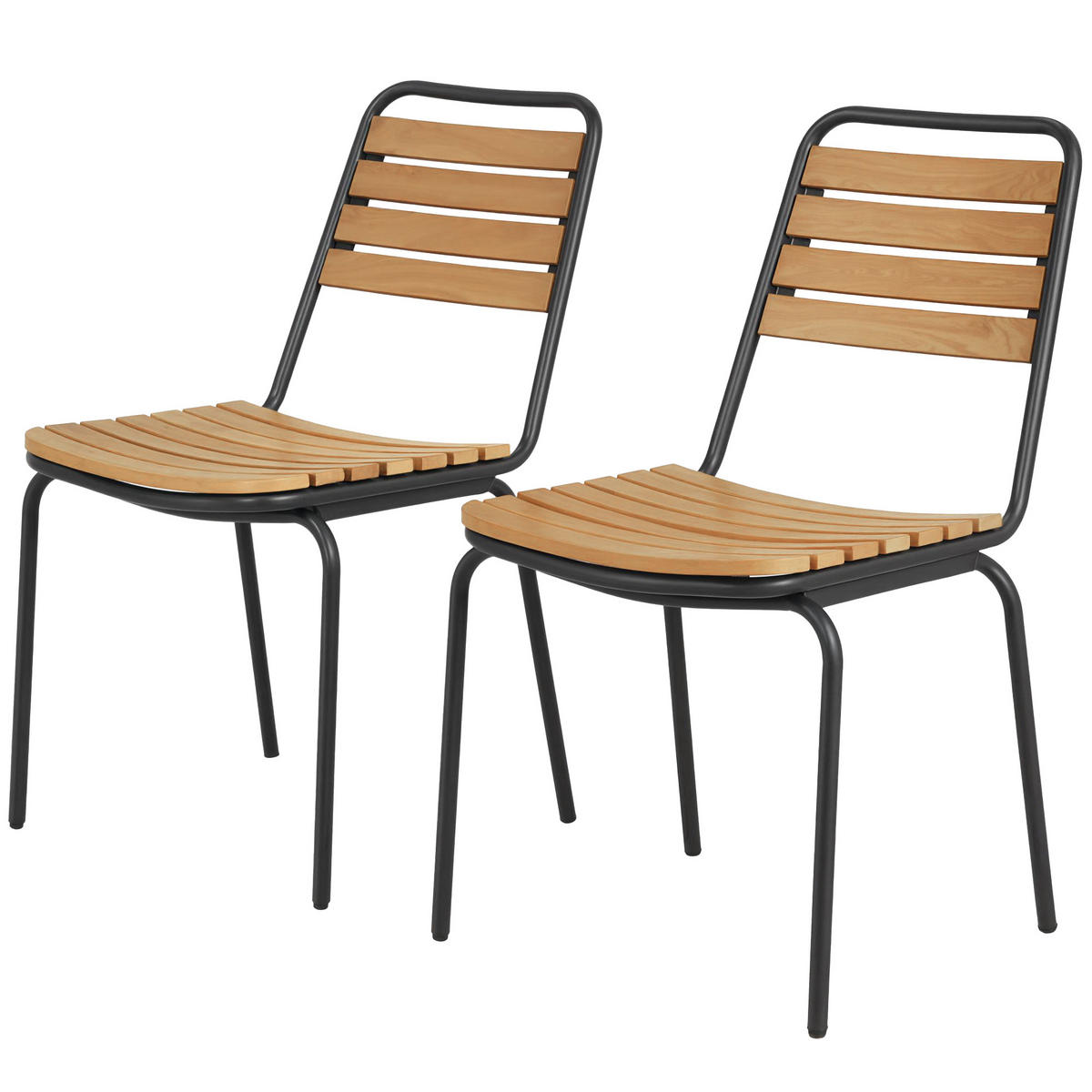 GARTENSTUHL 2er Set wetterfest Gartenstühle aus Stahl und Holz Stapelstuhl mit Rückenlehne bis 160kg belastbar Naturholz - Naturfarben, Metall (61/81/47cm)