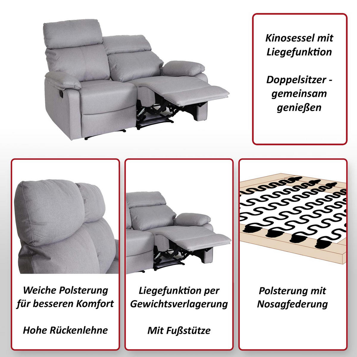 2ER-KINOSESSEL Grau - Hellgrau, Textil (134/105/170cm) - MCW