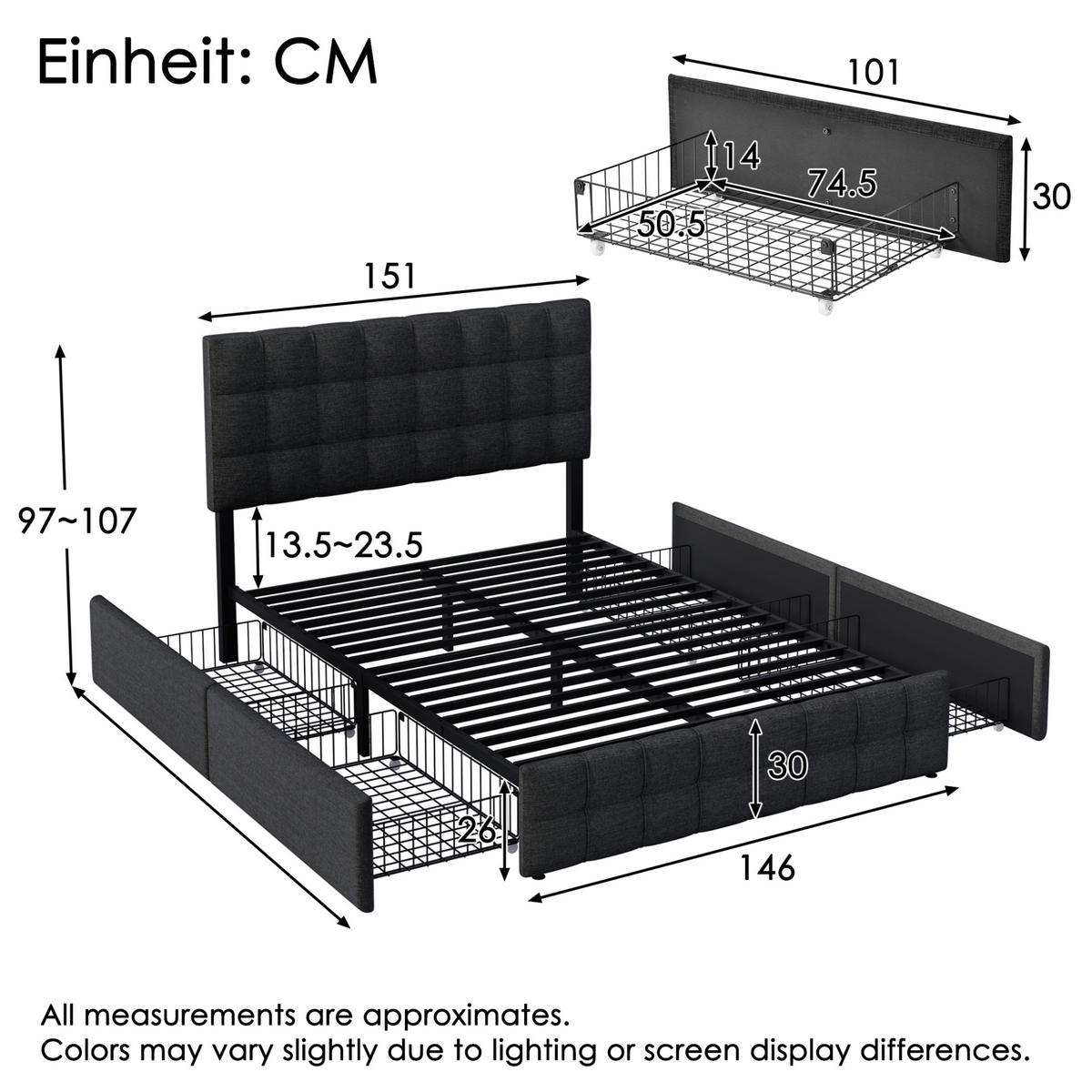 TAPECIRANI krevet 140/200 cm crni od lana s 4 ladice i podesivim uzglavljem - crna, tekstil (140/200cm) - OKWISH
