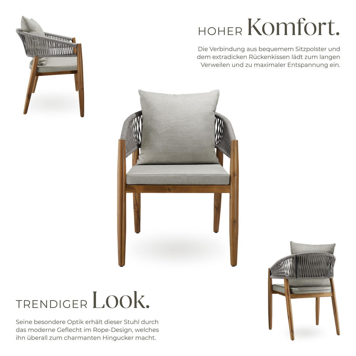 GARTENSTUHL Manacor, höhenverstellbare Kunststofffüße, greige - Greige/Braun, Holz (59/76.5/58cm) - tectake