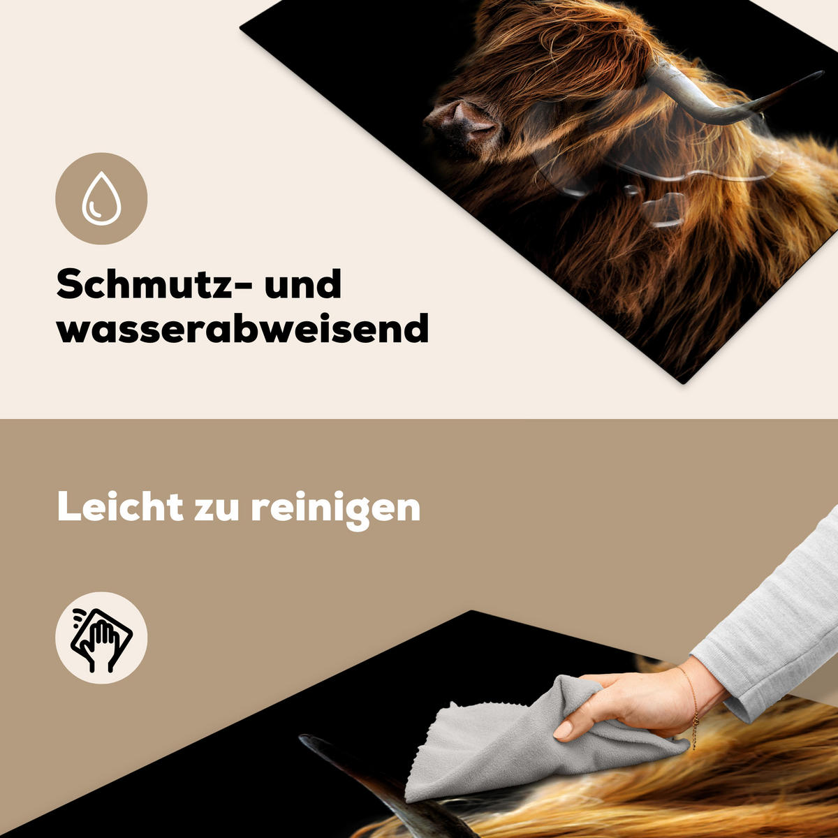 HERDABDECKPLATTE Schottischer Highlander - Hörner - Schwarz - Tiere - Natur - Wild - Kuh Ceranfeldabdeckung 85x52 cm - Cognac, Kunststoff (85/52/0.2cm) - MuchoWow