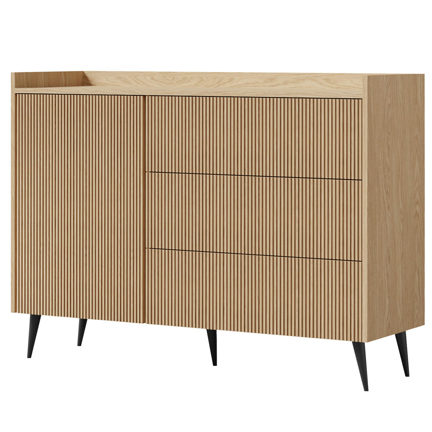 KOMMODE Amfali mit 1 Tür und 3 Schubladen, Push-to-open, Metallbeine, 126 cm, Frühlings-Eiche - Eichefarben/Schwarz, Holzwerkstoff/Metall (126/92/41cm) - Beautysofa
