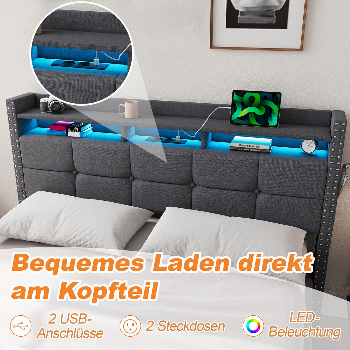 POLSTERBETT 140/200 cm dunkelgrau aus Leinenstoff mit LED-Leuchte und Ladestation - Dunkelgrau, Textil (140/200cm) - OKWISH