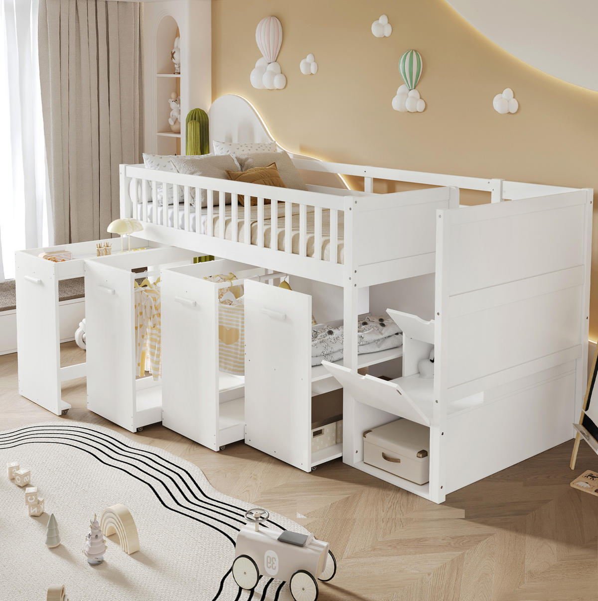 ETAGENBETT 90/200 cm mit Schreibtisch, Kleiderschränken und Stauraumtreppe aus Kiefer/MDF, Weiß - Weiß, Holzwerkstoff (90/200cm) - Redom