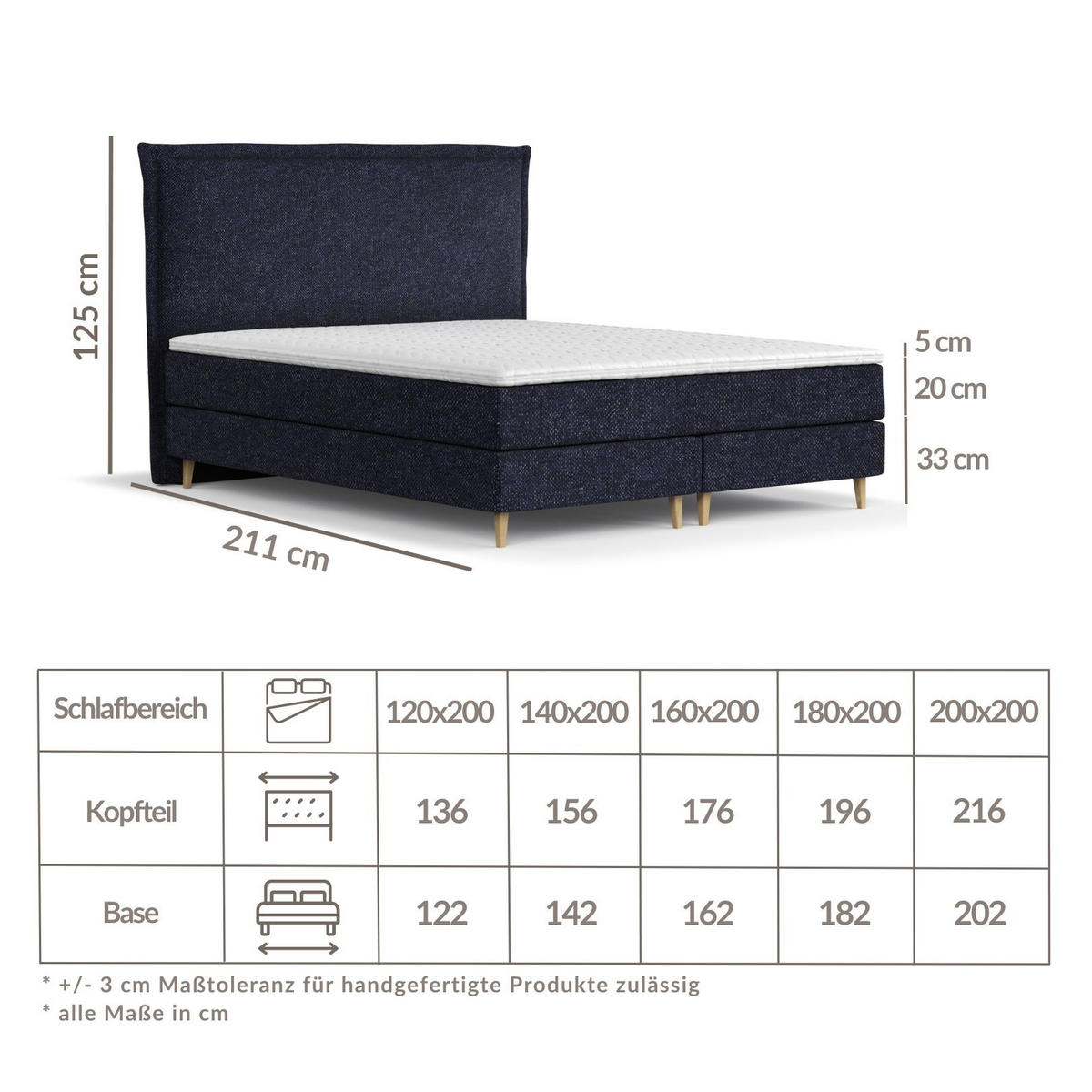 KONTINENTALBETT Calma Marineblau 200/200 cm mit Matratze und Topper - Naturfarben/Dunkelblau, Holz/Holzwerkstoff (200/200cm) - Maison de Reve