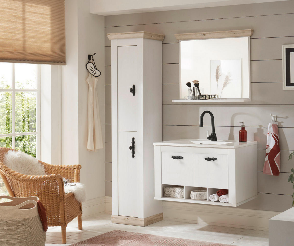 BADKOMBINATION Pinie weiß, Oslo Pinie, Landhaus Badmöbel Set 4-tlg. hängend MIT Waschbecken 143 x 200 cm - Anthrazit/Weiß, Holzwerkstoff/Metall (143/200/46cm) - Furn.Design