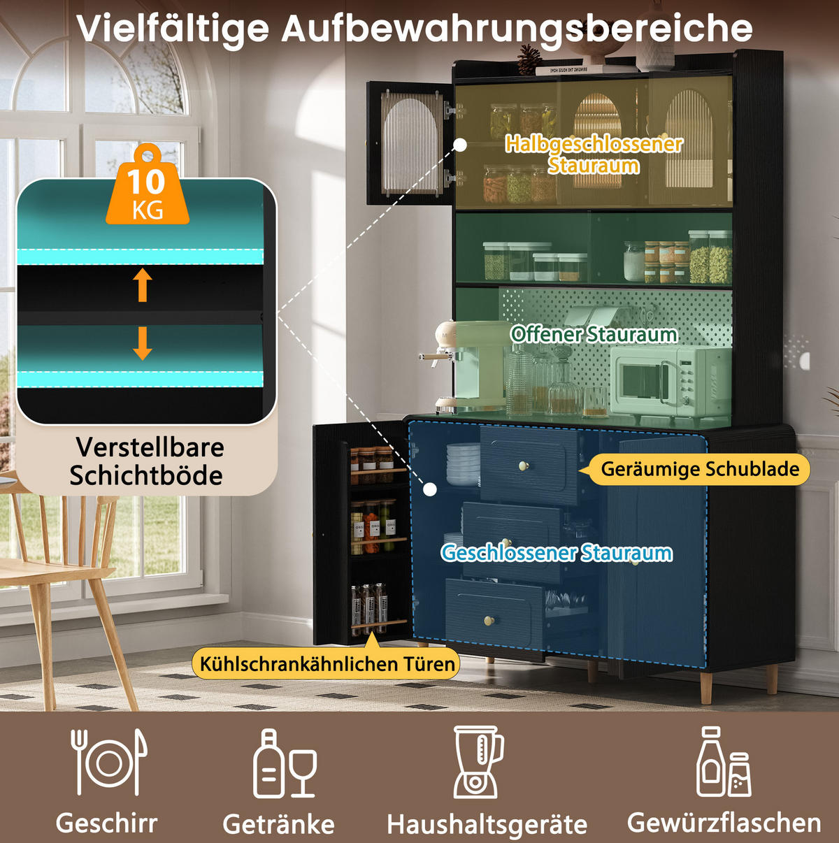 BUFFETSCHRANK 120/40/190 cm mit Lochplatte, 3 Schubladen und verstellbaren Einlegeböden, Schwarz - Schwarz, Holzwerkstoff (120/190/40cm) - Redom