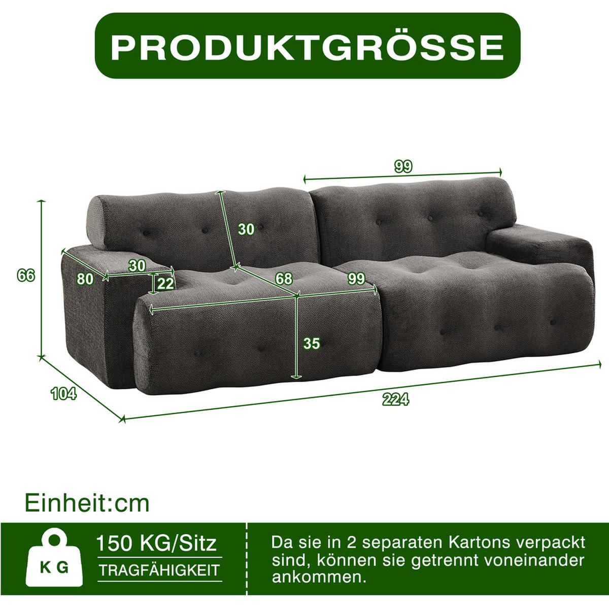 2-SITZER-SOFA Stoffbezug 224cm Grau Geschwungen - Grau, Textil (104/66/224cm) - Raelunyi