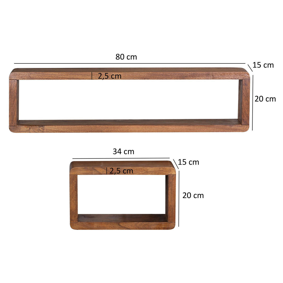 WANDREGAL Set TEKO CUBES Massivholz Abgerundete Ecken, Braun 80x15x20 cm - Braun, Holz (80/20/15cm) - KADIMA DESIGN