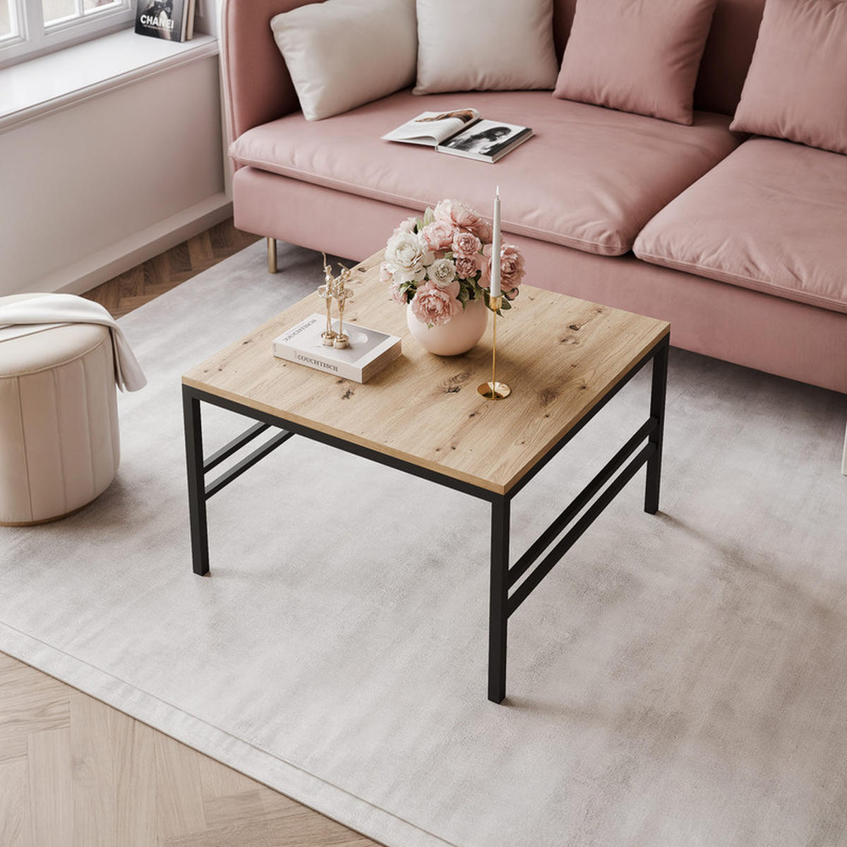 COUCHTISCH FORMA 70/70 cm Quadrat, Schwarz / Artisan-Eiche - Schwarz/Eiche Artisan, Metall (70/70/46cm) - Idohome