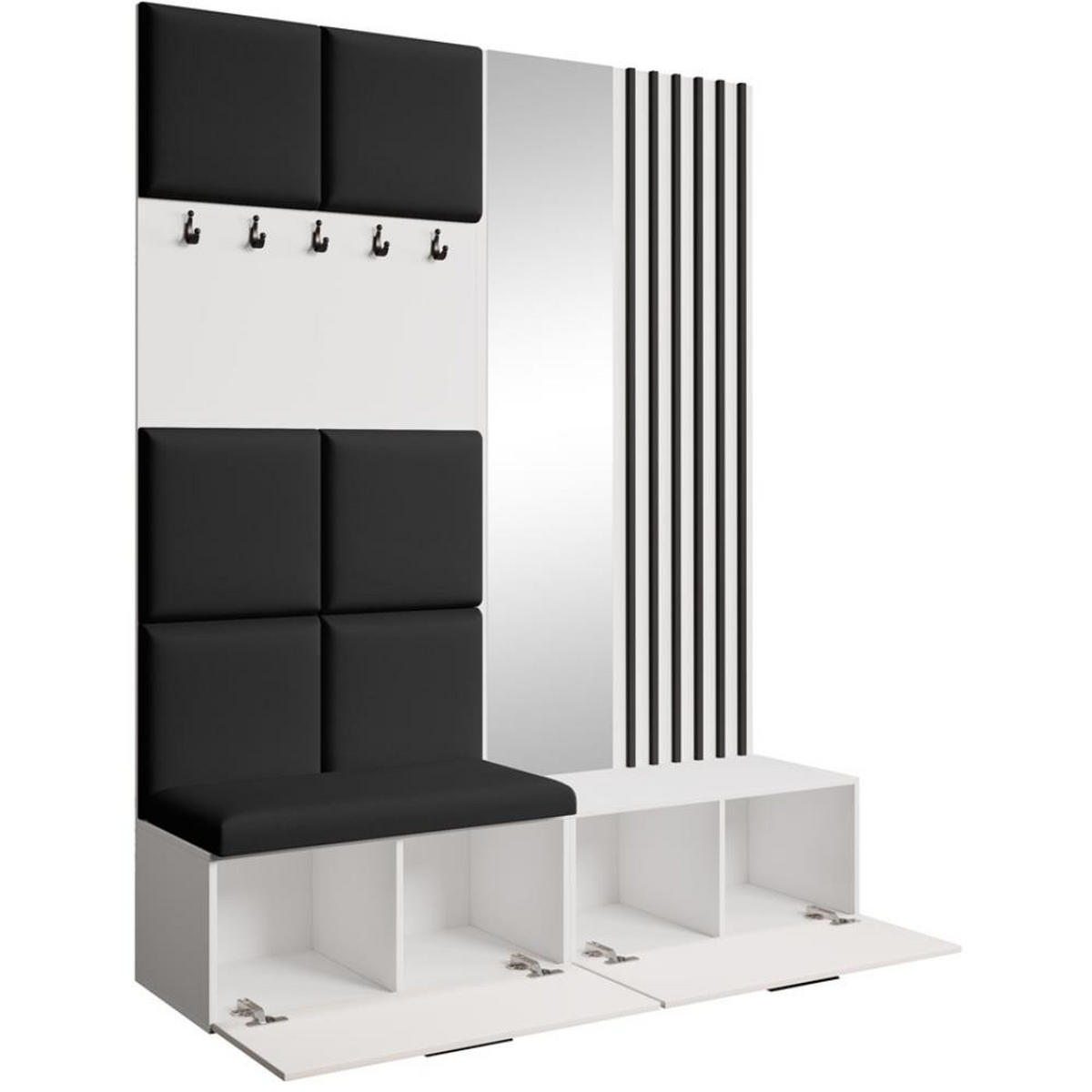 GARDEROBE Margaret I+II 162/203/43 mit gepolsterten Paneelen/Lamellen/Spiegel - Schwarz/Weiß, Holzwerkstoff/Kunststoff (162/203/43cm) - Beautysofa