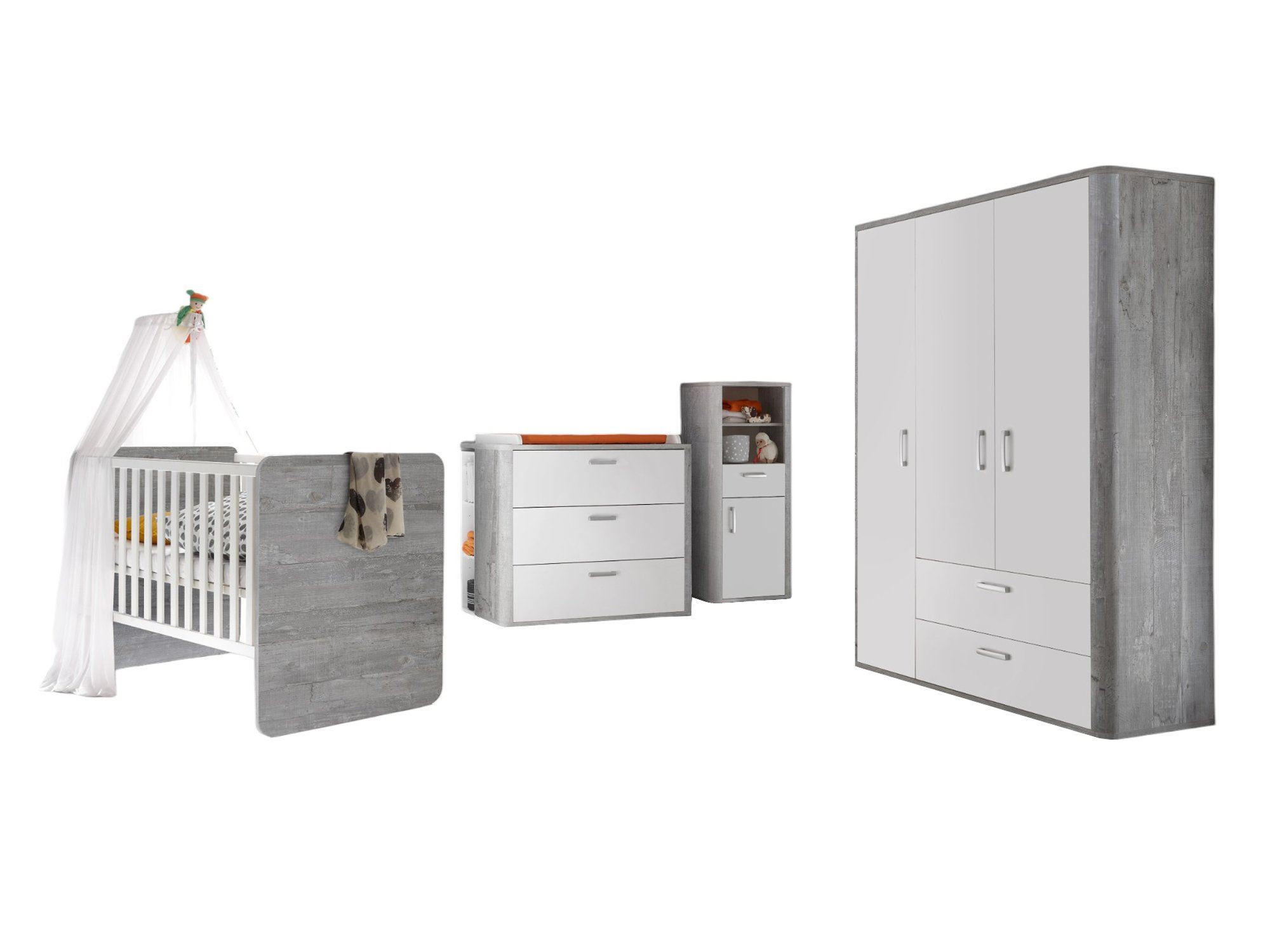BABYZIMMER komplett Edana 6-tlg. Babyzimmereinrichtung Vintage Woody Grey/Weiß Matt - Weiß/Grau, Holz (2/1/1cm) - 58aufmkessel