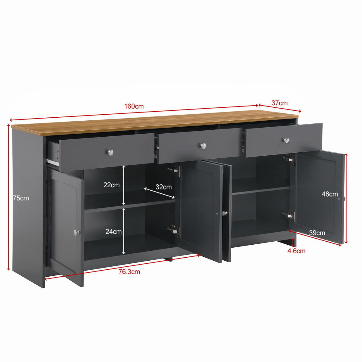 KOMMODE aus MDF 160x37x75cm in Schwarz mit 3 Schubladen - Schwarz, Holzwerkstoff (160/75/37cm) - Modfu