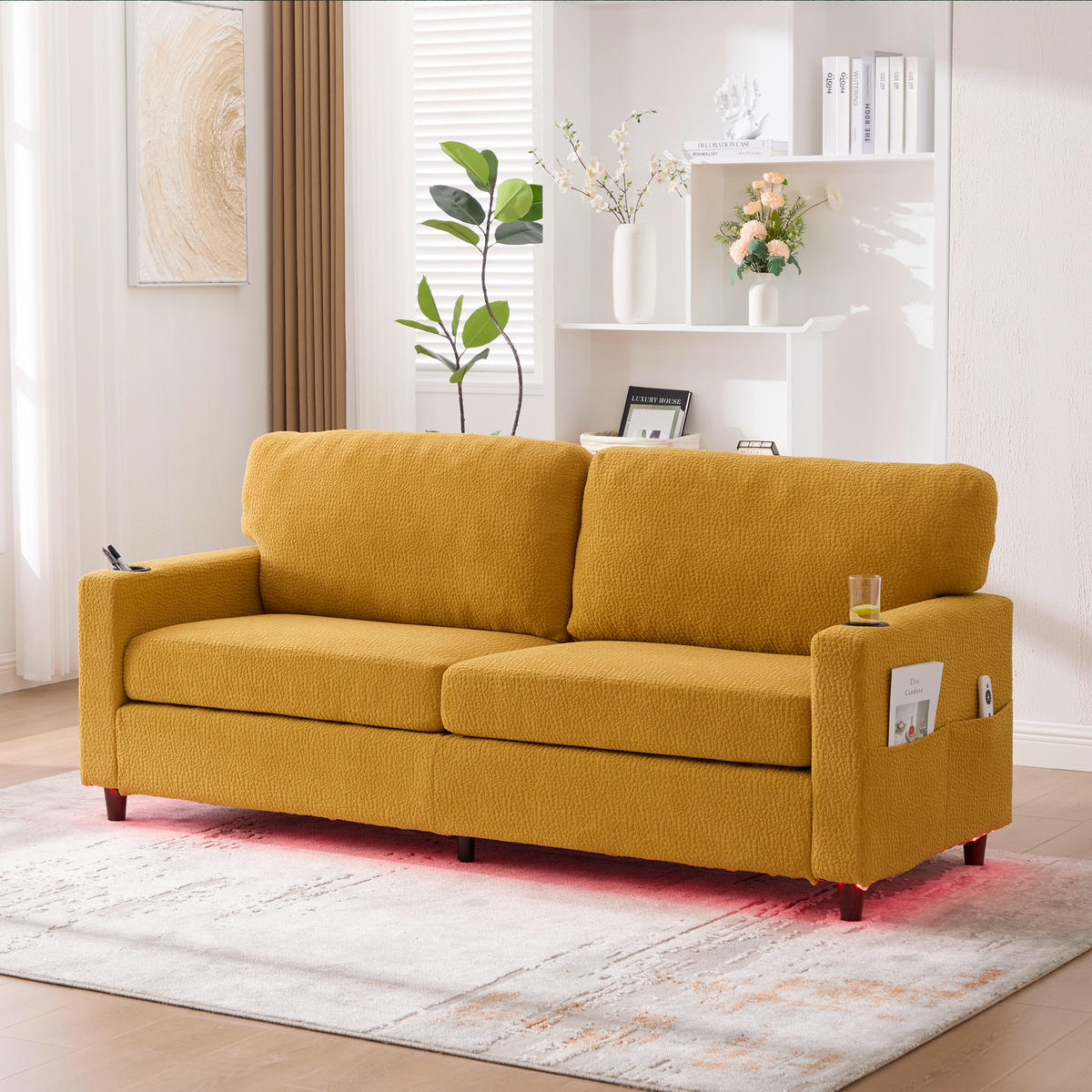 ZWEISITZER Sofa Chenille mit USB-Anschluss und LED Getränkehalter 203/77,5/86 cm Gelb - Gelb, Textil (77.5/86/203cm) - Redom