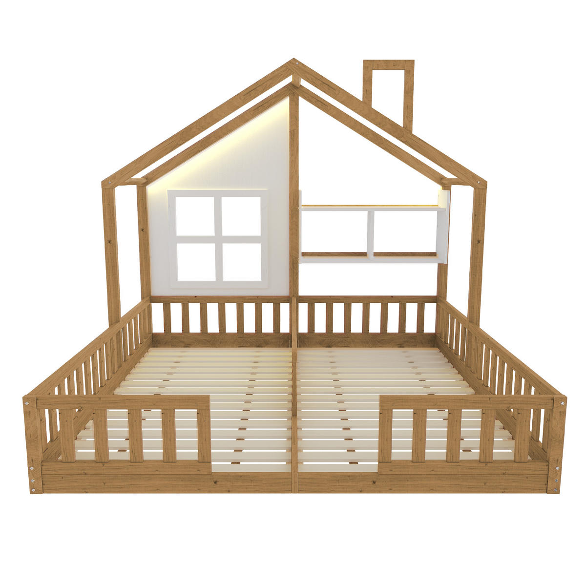 HAUSBETT 90/200 cm natur aus Massivholz und MDF mit LED und Sicherheitsgitter - Naturfarben, Holz (90/200cm) - OKWISH