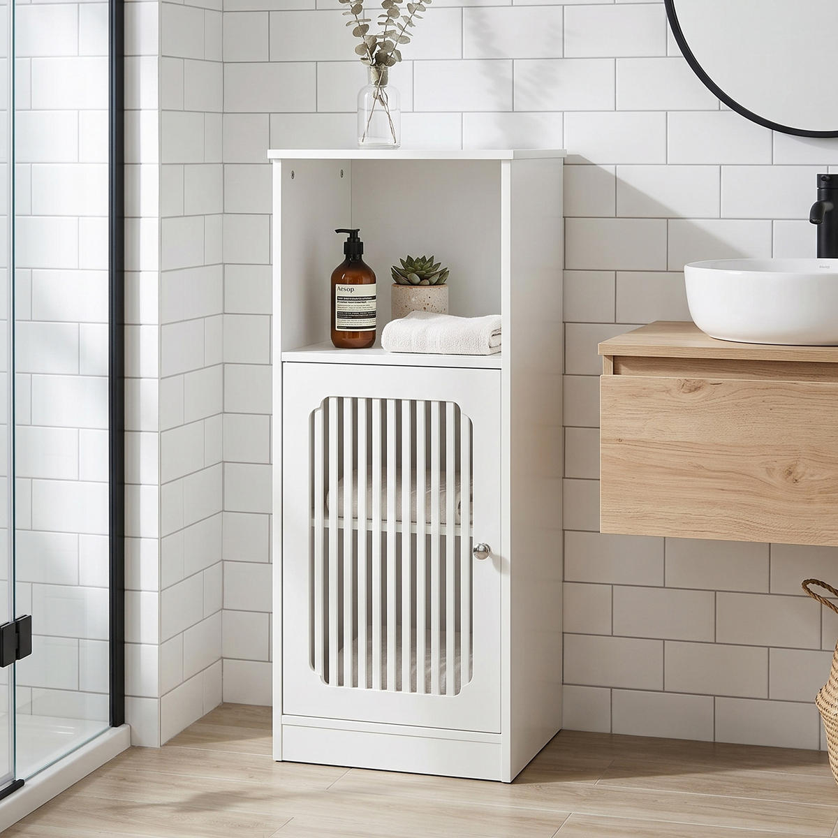 BADEZIMMERSCHRANK Weiß Freistehend mit Lamellentür & Verstellbaren Einlegeböden - Weiß, Holzwerkstoff (36/86/30cm) - Urban Meuble