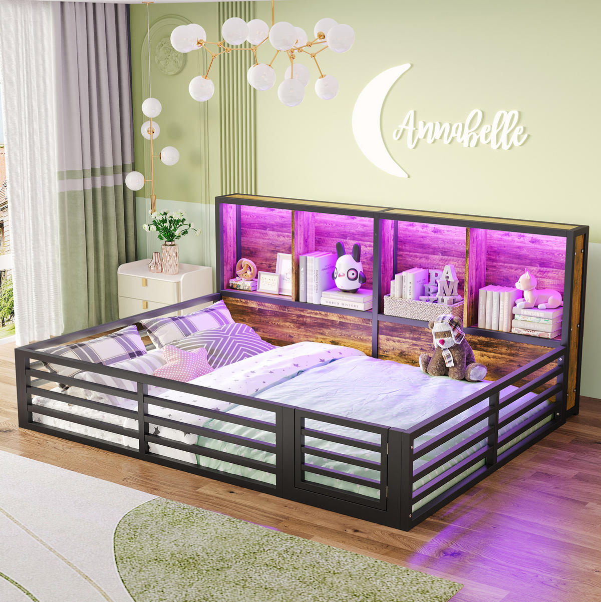ZAUNBETT 140/200 cm Schwarz aus Metall und MDF mit Lattenrost und LED - Schwarz, Metall (140/200cm) - OKMYHOME