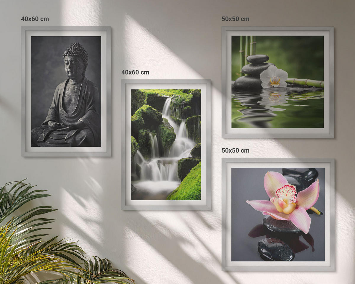 BILDER SET 4er Set - 50x50 cm & 40x60 cm Silberner Rahmen - Zen-Gemälde, Wassersteine, Buddha - Silberfarben, Kunststoff (50/50cm) - TULUP