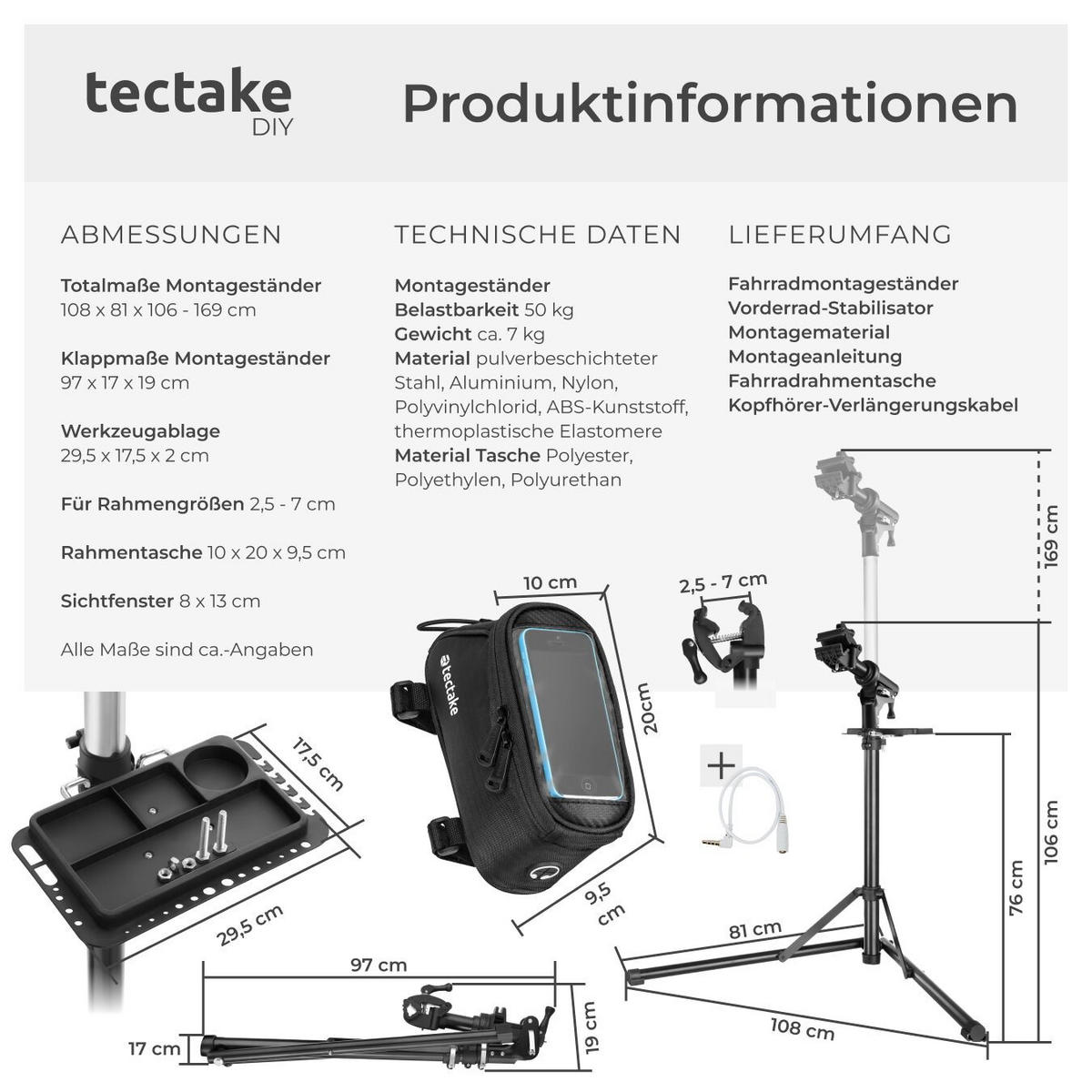 REPARATURSTÄNDER mit Rahmentasche ,wasserabweisende Rahmentasche mit Klettverschluss sowie Handyfach mit Touch-Sichtfenster,schwarz - Schwarz, Metall (81/169/108cm) - tectake